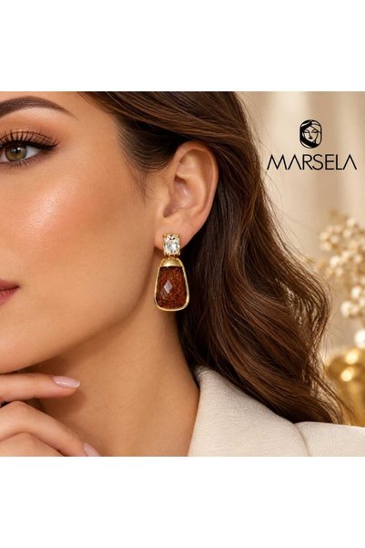 Generic Brand Steel Stone Detailed Gold Earrings