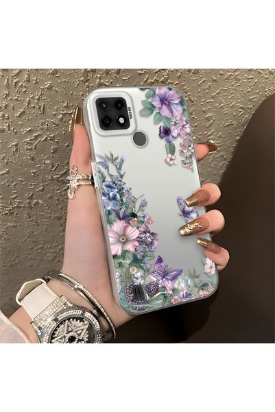 quırkshıeld Realme C21 Uyumlu Mor Tonlu Çiçek ve Kelebek Desenli Telefon Kılı...