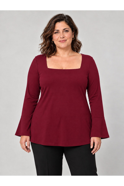 Curvy Trend Büyük Beden Kare Yaka Volan Kollu Bluz