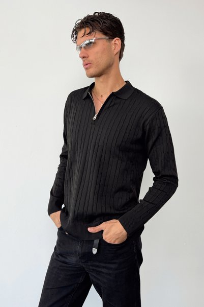 JB John Borners Men's Polo Collar Zipper Detailed Hair Knit Sweater Black - 27006