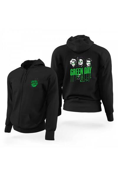 CrowsGate سويت شيرت بقلنسوة من Green Day Green Hearth باللون الأسود بسحاب إصد...