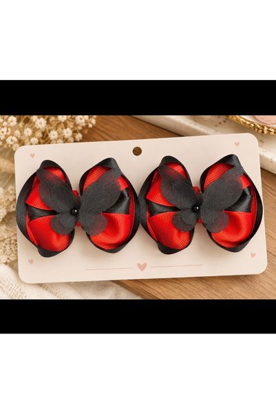 zamansız takı Red and Black Butterfly Detailed Double Bow Hair Clip
