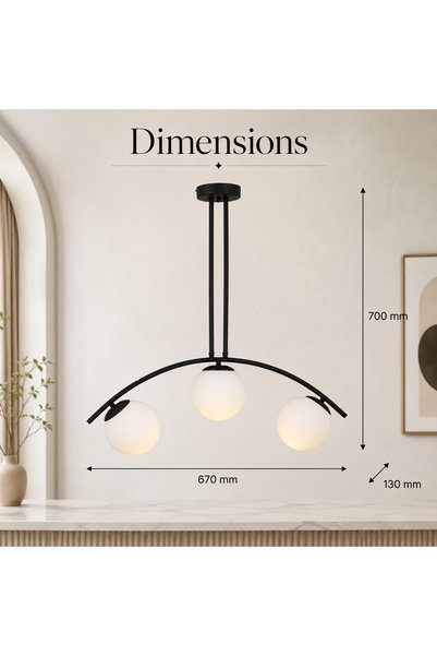 LightPlanet Plafonieră modernă neagră cu globuri de sticlă albe, 3 lumini E27, 67 cm