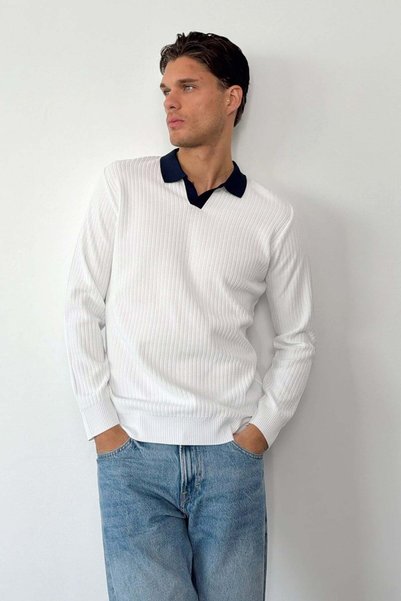 JB John Borners Pulover tricotat cu guler polo colorat pentru bărbați, alb - ...