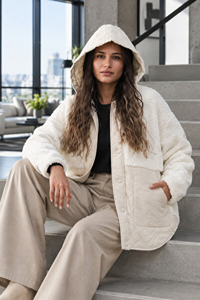 lumberjack Hn-5148 Women's Ecru Color Casual Hooded Coat