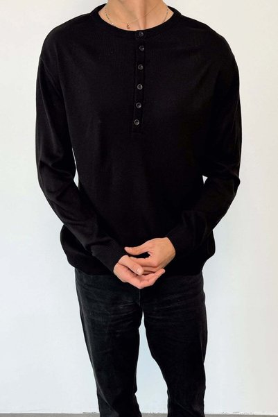 JB John Borners Men's Crew Neck Button Detailed Knit Sweater Black - 26122