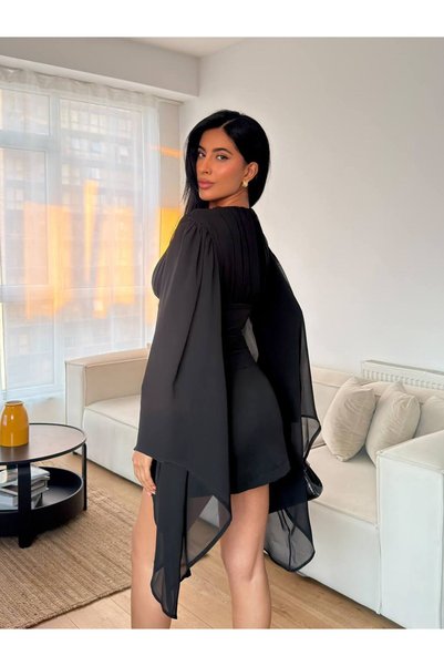FLOWERİNG Rochie mini neagră de damă, cu decolteu în V și nasturi ornamentali