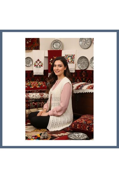 Çeyizlik Yelek, Simli Yelek, Örgülü Yelek, Hediyelik Yelek, Gelin Simli Yelek - Krem ET1