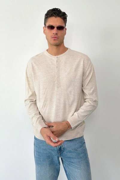 JB John Borners Men's Crew Neck Button Detailed Knit Sweater Stone - 26122