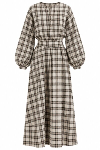 Laluvia Langes Kleid mit Steinkaro-Muster und Gürtel - 2y1235
