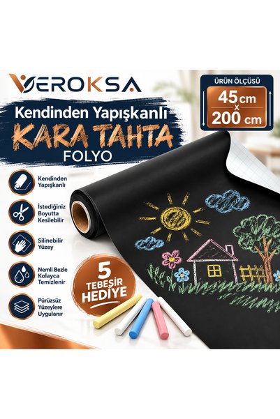VEROKSA Yapışkanlı Kara Tahta Folyo 45x200 cm Silinebilir Yazılabilir Duvar S...
