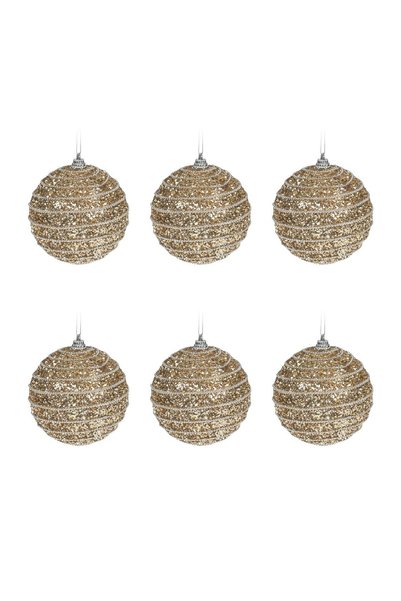 OEM Set de 6 Globuri pentru Brad de Crăciun Bej cu Glitter și Lanț Auriu Ø8 cm
