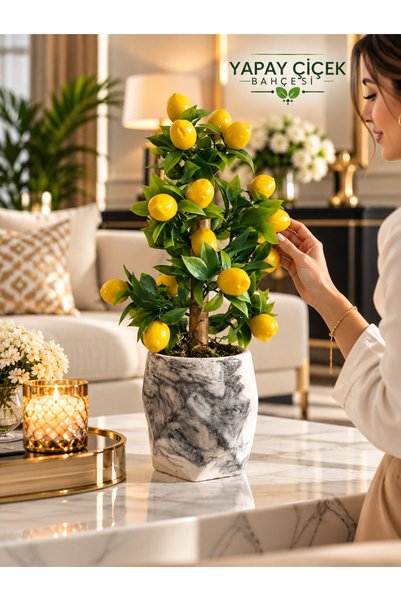 YAPAY ÇİÇEK BAHÇESİ Yapay Limon Ağacı Mermer Desenli Beton Saksıda Bambu ve D...