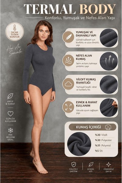 Doreanse Kadın Uzun Kol Smoke Çıtçıtlı Thermal Bady C3T7N421