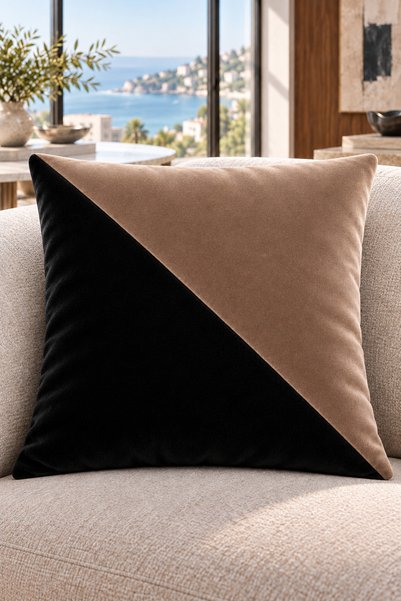 Çift Renkli Düz Kaliteli Kadife Kırlent Kılıfı 42x42 cm, Çapraz Panelli| Siyah-SütlüKahve