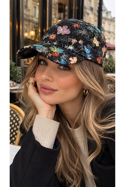 MARBERRY Black Vintage Butterfly Patterned Women's Cap Hat