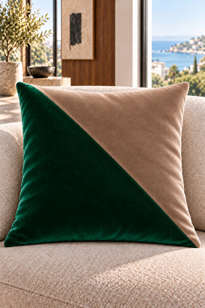 Çift Renkli Düz Kaliteli Kadife Kırlent Kılıfı 42x42 cm, Çapraz Panelli| Yeşil-SütlüKahve