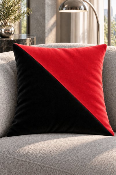 Çift Renkli Düz Kaliteli Kadife Kırlent Kılıfı 42x42 cm, Çapraz Panelli| Siyah-Kırmızı(Narçiçeği Tonlarında)