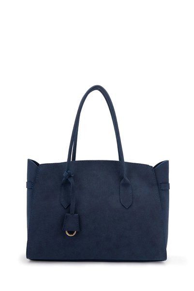 Melos Butik Women's Navy Blue Suede Wide Hand and Shoulder Bag