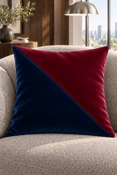Çift Renkli Düz Kaliteli Kadife Kırlent Kılıfı 42x42 cm, Çapraz Panelli| Lacivert-Bordo