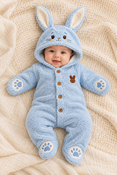 Beniizle 0-6 Ay Bebek Tavşanlı Welsoft Peluş Tulum Kapüşonlu Kışlık Uyku Tulumu