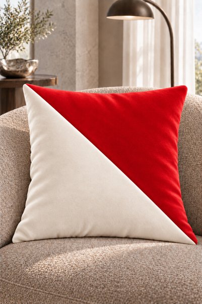 Çift Renkli Düz Kaliteli Kadife Kırlent Kılıfı 42x42 cm, Çapraz Panelli| Ekru-Kırmızı(Narçiçeği Tonlarında)