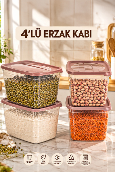 Porsima 0998 4'lü Dikdörtgen Erzak Saklama Kabı Seti 3,5 LT Pudra - Şeffaf Bakliyat, Un & Mutfak Düzenleyici Kutu