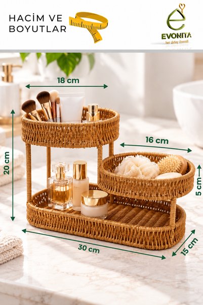 EVONİTA Rattan 3-Tier Rattan Organizer – Wicker Look Bathroom Kitchen Makeup Cosmetic Organizer Multi-Purpose Basket Tray – Wicker Look Serving Basket with Handles Breakfast Bread Basket Fruit Basket