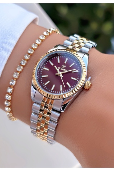 Homies Gold Silver Burgundy Color-Steel Strap Women's Wristwatch -Waterproof- with Bracelet Gift