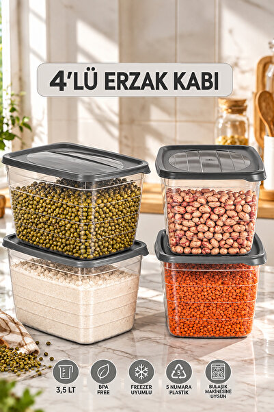 Porsima 0998 4'lü Dikdörtgen Erzak Saklama Kabı Seti 3,5 LT Koyu Gri - Şeffaf Bakliyat, Un & Mutfak Düzenleyici Kutu