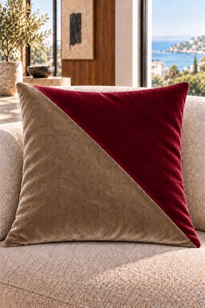 Çift Renkli Düz Kaliteli Kadife Kırlent Kılıfı 42x42 cm, Çapraz Panelli| SütlüKahve-Bordo