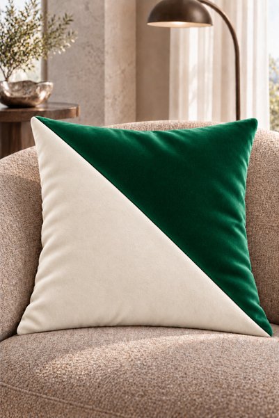 Çift Renkli Düz Kaliteli Kadife Kırlent Kılıfı 42x42 cm, Çapraz Panelli| Ekru-Yeşil