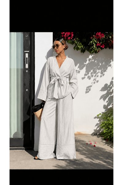 Hepsi Moda Monaco Pinstripe Pantsuit - Smoked & White