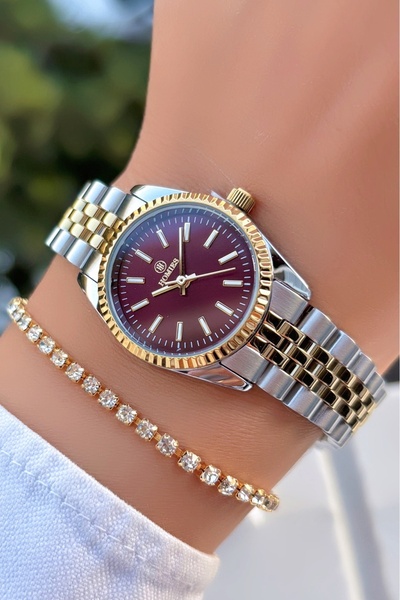 Homies Gold Silver Burgundy Color-Steel Strap Women's Wristwatch -Waterproof- with Bracelet Gift