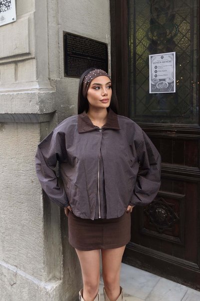 KECHİ WOMAN Checkered Fabric Polo Collar Lined Jacket Brown