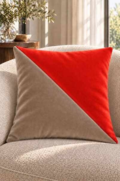 Çift Renkli Düz Kaliteli Kadife Kırlent Kılıfı 42x42 cm, Çapraz Panelli| SütlüKahve-Kırmızı(Narçiçeği Tonlarında)