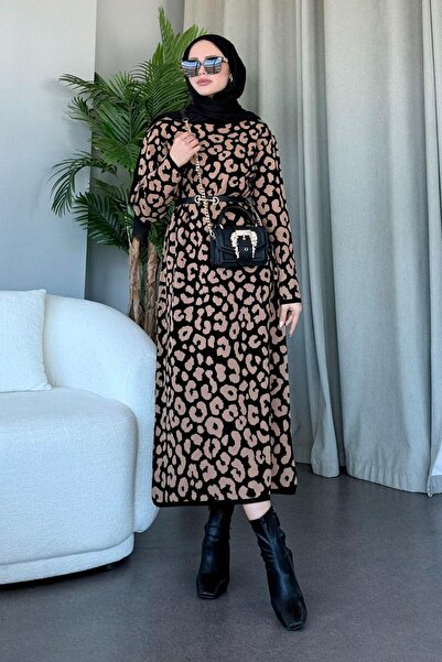 KAŞİHA Leopard Print Belted Long Knitted Women's Dress