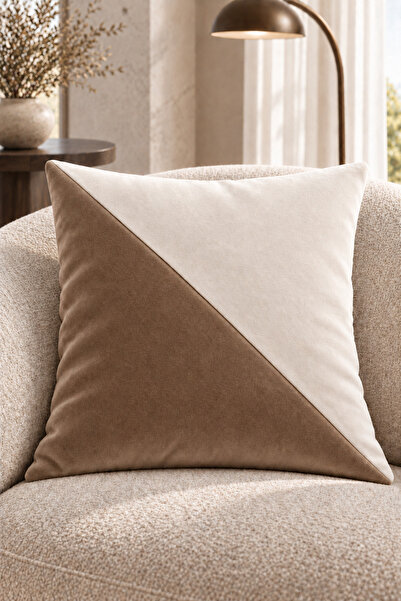 Çift Renkli Düz Kaliteli Kadife Kırlent Kılıfı 42x42 cm, Çapraz Panelli| SütlüKahve-Ekru