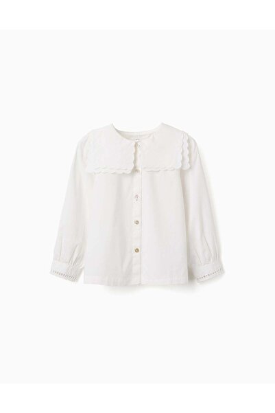 Ziddy Long Sleeve Cotton Shirt With Square Collar B&S For Girls, White