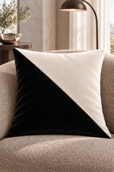 Çift Renkli Düz Kaliteli Kadife Kırlent Kılıfı 42x42 cm, Çapraz Panelli| Siyah-Beyaz