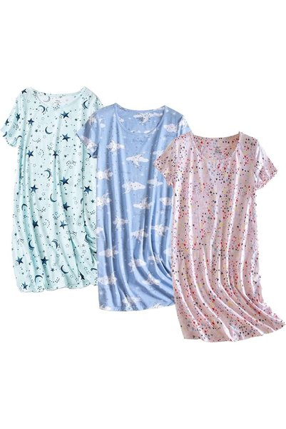 GENERAL PNAEONG 3 Pack Women's Cotton Nightgown Sleepwear Short Sleeves Shirt...