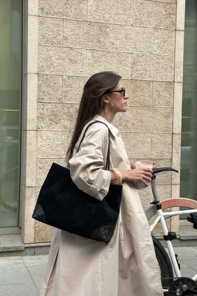 Berlesi Black Suede Knitted Detailed Tote Bag