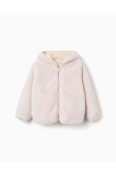Ziddy Hooded Plush Jacket With Pockets For Girls, Light Beige