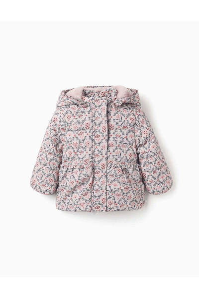 Ziddy Floral Puffer Jacket With Hood And Plush Lining For Baby Girls, Beige