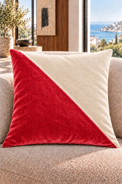 Çift Renkli Düz Kaliteli Kadife Kırlent Kılıfı 42x42 cm, Çapraz Panelli| Kımızı(Narçiçeği Tonlarında)-Ekru