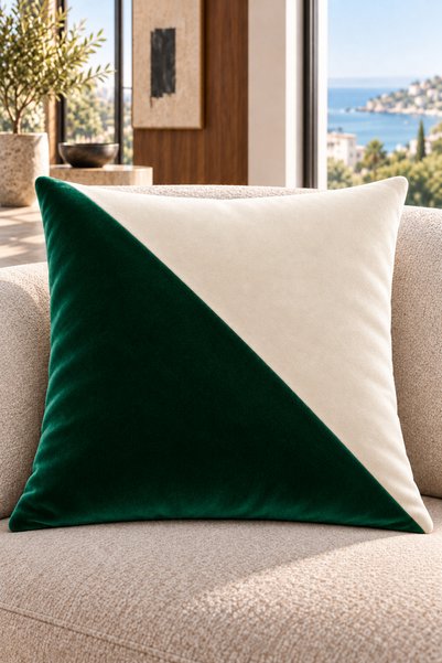Çift Renkli Düz Kaliteli Kadife Kırlent Kılıfı 42x42 cm, Çapraz Panelli| Yeşil-Ekru