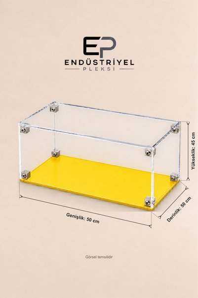 ep endustriyel pleksi 50x50x45 cm Dikdörtgen Şeffaf Pleksi Display Box Premium Vitrin Ürün Sergileme Kutusu Sarı Taban