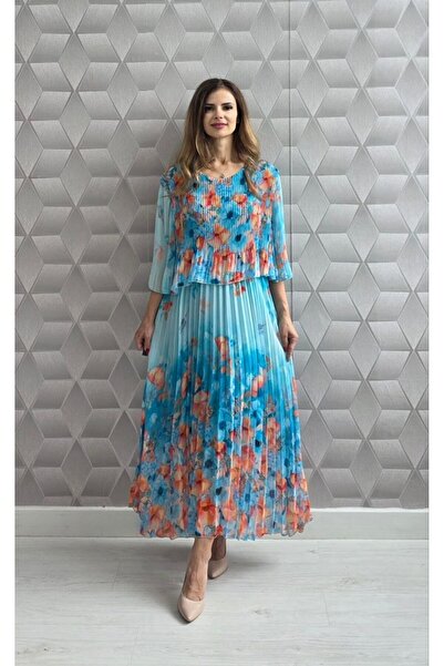 MAXORA SHOP Rochie lejeră plisată Mara, cu decolteu Carmen și imprimeu floral