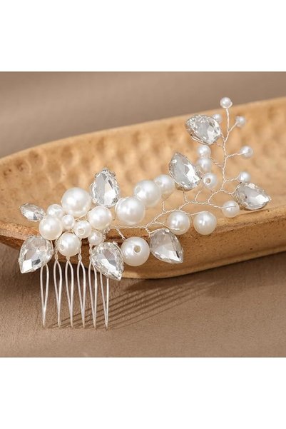 GENERAL Pearl Bridal Side Headpiece Silver Crystal Wedding Hair Comb Simple R...