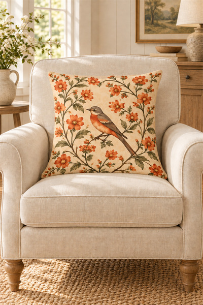dekomingo Orange Flower and Bird Patterned 2 Square 2 Rectangular 4-Piece Throw Pillow Cover Set (Double-Sided)